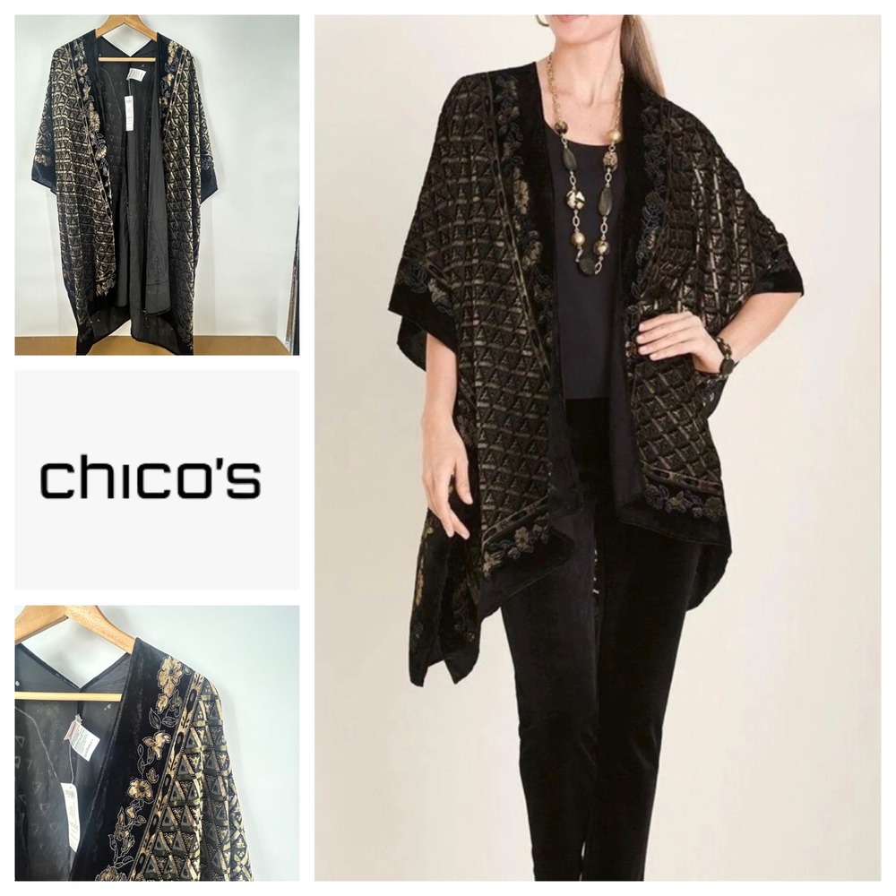 Chicos Velour Geo Floral Border Ruana Black Gold Velvet Burnout Wrap NWT NOSZ‎